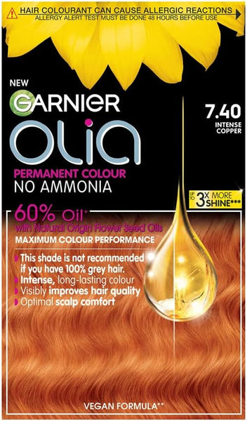 Garnier Olia Permanent Hair Dye, No Ammonia, Full Grey Coverage, Long-lasting Colour & Shine, Vegan Formula, Colour: 7.40 Intense Copper, 230g