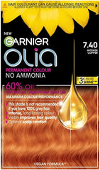 Garnier Olia Permanent Hair Dye, No Ammonia, Full Grey Coverage, Long-lasting Colour & Shine, Vegan Formula, Colour: 7.40 Intense Copper, 230g