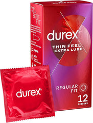 Durex Thin Feel Extra Lube Condoms, Regular Fit, 12s, Secure, Natural Latex, with Silicone Lube, Easy On Shape, More Sensitivity