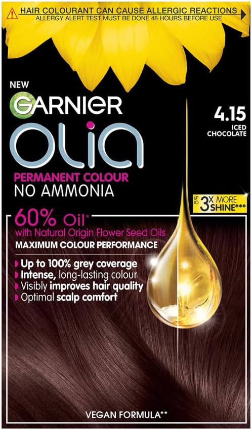 Garnier Olia Permanent Hair Dye, No Ammonia, Full Grey Coverage, Long-lasting Colour & Shine, Vegan Formula, Colour: 4.15 Iced Chocolate, 230g