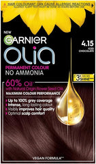 Garnier Olia Permanent Hair Dye, No Ammonia, Full Grey Coverage, Long-lasting Colour & Shine, Vegan Formula, Colour: 4.15 Iced Chocolate, 230g