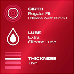 Durex Thin Feel Extra Lube Condoms, Regular Fit, 12s, Secure, Natural Latex, with Silicone Lube, Easy On Shape, More Sensitivity