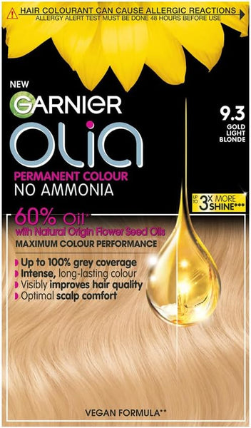 Garnier Olia Permanent Hair Dye, No Ammonia, Full Grey Coverage, Long-lasting Colour & Shine, Vegan Formula, Colour: 9.3 Gold Light Blonde, 230g