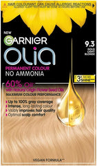 Garnier Olia Permanent Hair Dye, No Ammonia, Full Grey Coverage, Long-lasting Colour & Shine, Vegan Formula, Colour: 9.3 Gold Light Blonde, 230g