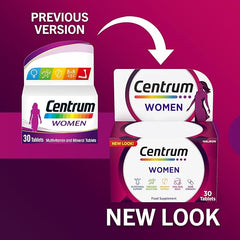 Centrum Women Multivitamin Tablets for Women, Vitamins with 23 Essential Nutrients, including Vitamin C, D and Iron, 30 ct (Packaging and Tablet colour may vary slightly)