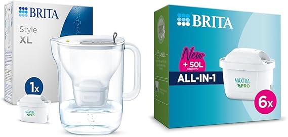 BRITA Style XL Water Filter Jug Grey (3.6L) incl. 1x MAXTRA PRO All-in-1 cartridge & MAXTRA PRO All-in-1 Water Filter Cartridge 6 Pack (NEW) - Original refill reducing