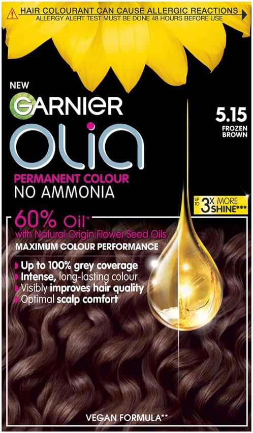 Garnier Olia Permanent Hair Dye, No Ammonia, Full Grey Coverage, Long-lasting Colour & Shine, Vegan Formula, Colour: 5.15 Frozen Brown, 230g