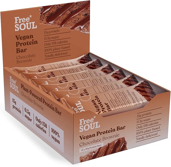 Free Soul Vegan Protein Bars 12 x 50g | Plant Based Chocolate Protein Bars | Delicious Dairy Free, Low Sugar, Low Carb Bars | Sucralose Free, Gluten Free | 15g of Protein per Bar
