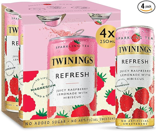 Twinings Refresh - Raspberry & Lemon Flavoured Sparkling Tea-Refreshing Fruity Beverage No Added Sugar, Low in Caffeine/Calorie, Healthy Alternative,Antioxidant Rich,Vegan,Gluten Free