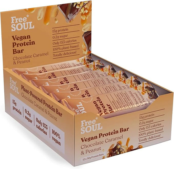 Free Soul Vegan Protein Bars 12 x 50g | Plant Based Chocolate Protein Bars | Delicious Dairy Free, Low Sugar, Low Carb Bars | Sucralose Free, Gluten Free | 15g of Protein per Bar