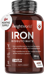 WeightWorld Gentle Iron Tablets High Strength 28mg - 400 Vegan Iron Bisglycinate Tablets (6+ Months Supply) - High Absorption Iron Supplements for Women and Men - Energy Tablets for Tiredness