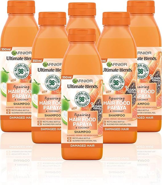 Garnier Ultimate Blends Shampoo For Damaged Hair | Papaya Hair Food Shampoo by Garnier Ultimate Blends | 98 Percent Natural Origin Ingredients | 350 ml Pack of 6
