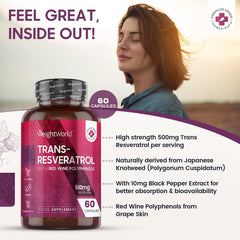 WeightWorld Resveratrol Supplements 510mg - 60 Capsules -Trans Resveratrol (from Knotweed) Skin Supplements - Black Pepper Extract & Red Wine Polyphenol from Grape Skin Extract - Vegan Resveratrol Powder Capsule