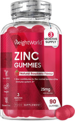 WeightWorld Zinc Gummies 50mg Per 2 Gummy – 90 Vegan Zinc Citrate Gummies - Natural Raspberry Flavour –Alternative to Bitter Zinc Tablets - Immunity, Skin & Hair Gummies - Zinc Supplement for Men and Women