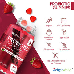 WeightWorld Probiotic Gummies with Prebiotic - 90 Tasty & Vegan Gummies - 2000 Million CFU - Spore-Forming Bacillus Coagulans & Inulin - Gut-Friendly Pre and Probiotics - Digestion Supplement for Women & Men