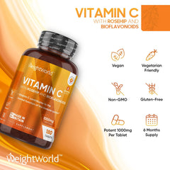WeightWorld Vitamin C 1000mg – 180 High Strength Vitamin C Tablets with Rosehip & Bioflavonoids - Vegan Vitamin C Supplement (As Ascorbic Acid) for Immune System – Energy Tablets for Men & Women