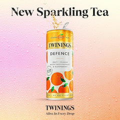 Twinings Defence-Orange and Passionfruit Flavoured Sparkling Tea-Refreshing Fruity Beverage(12X250ml Cans)-No Added Sugar,Low in Caffeine/Calorie,Healthy Alternative,Antioxidant Rich,Vegan,Gluten Free