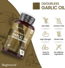 WeightWorld Garlic Capsules Odourless High Strength 45,000mg – 180 Softgels (Upto 3 Softgels A Day) - Cold Pressed Garlic Oil Extract - High in Allicin - Deodourised Garlic Supplement (not Garlic Tablets)
