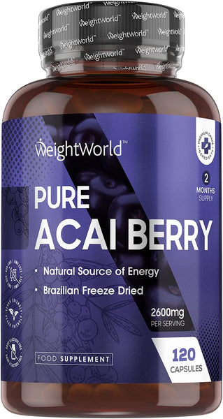 WeightWorld Pure Acai Berry Capsules 2600mg - 120 Vegan Capsules (2 Months Supply) - Brazilian Freeze Dried Acai Berries for Overall Health - Acai Berry Supplement for Men & Women - Natural & Gluten Free