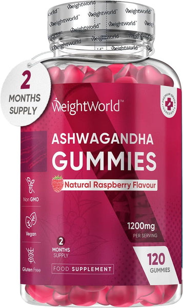 WeightWorld Ashwagandha Gummies 1200mg - 120 Gummies - 2 Months Supply - Natural Raspberry Flavour - High Strength Ashwagandha Root Extract Supplement - Vegan & Gluten-Free - Not Ashwagandha Capsules or Tablets