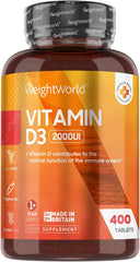 WeightWorld Vitamin D3 2000 IU - 400 Tablets (Over A Year Supply) Natural Vitamin D Tablets, Vitamin D Contributes to Normal Immune System & Blood Calcium Levels (EFSA), Vegetarian - Easy to Take Micro Tablets