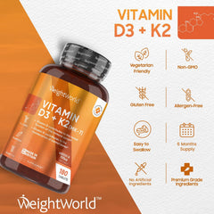 WeightWorld Vitamin D3 K2 MK7-6 Months Supply (180 VIT D3 & K2 Tablets) - Vegetarian Vitamin D 4000IU & 100ug K2- High Strength Vitamin D Supplement for Women & Men - D3 and K2 Vitamin for Bone & Immune System