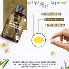 WeightWorld Garlic Capsules Odourless High Strength 45,000mg – 180 Softgels (Upto 3 Softgels A Day) - Cold Pressed Garlic Oil Extract - High in Allicin - Deodourised Garlic Supplement (not Garlic Tablets)
