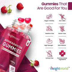 WeightWorld Ashwagandha Gummies 1200mg - 120 Gummies - 2 Months Supply - Natural Raspberry Flavour - High Strength Ashwagandha Root Extract Supplement - Vegan & Gluten-Free - Not Ashwagandha Capsules or Tablets