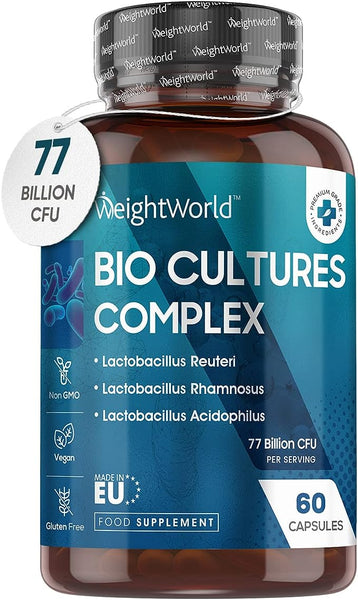 WeightWorld Bio Cultures Complex Probiotics and Prebiotics - 77 Billion CFU - 20 Live Bacterial Cultures - 60 Probiotic Complex Capsules for Women & Men - Lactobacillus Acidophilus, Gasseri, Rhamnosus & Reuteri