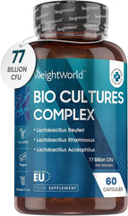 WeightWorld Bio Cultures Complex Probiotics and Prebiotics - 77 Billion CFU - 20 Live Bacterial Cultures - 60 Probiotic Complex Capsules for Women & Men - Lactobacillus Acidophilus, Gasseri, Rhamnosus & Reuteri