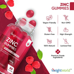 WeightWorld Zinc Gummies 50mg Per 2 Gummy – 90 Vegan Zinc Citrate Gummies - Natural Raspberry Flavour –Alternative to Bitter Zinc Tablets - Immunity, Skin & Hair Gummies - Zinc Supplement for Men and Women