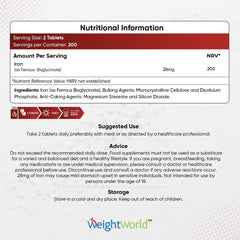 WeightWorld Gentle Iron Tablets High Strength 28mg - 400 Vegan Iron Bisglycinate Tablets (6+ Months Supply) - High Absorption Iron Supplements for Women and Men - Energy Tablets for Tiredness