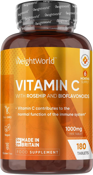 WeightWorld Vitamin C 1000mg – 180 High Strength Vitamin C Tablets with Rosehip & Bioflavonoids - Vegan Vitamin C Supplement (As Ascorbic Acid) for Immune System – Energy Tablets for Men & Women