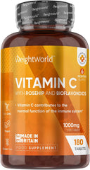 WeightWorld Vitamin C 1000mg – 180 High Strength Vitamin C Tablets with Rosehip & Bioflavonoids - Vegan Vitamin C Supplement (As Ascorbic Acid) for Immune System – Energy Tablets for Men & Women