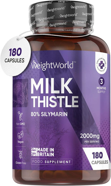 WeightWorld Milk Thistle Capsules - 180 Vegan Capsules - 3 Months Supply - High Strength Milk Thistle (Providing: 80% Silymarin) - Odour & Aftertaste Free Unlike Milk Thistle Tablets - Made in The UK