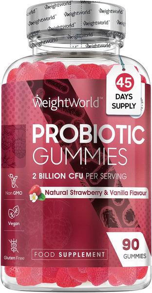 WeightWorld Probiotic Gummies with Prebiotic - 90 Tasty & Vegan Gummies - 2000 Million CFU - Spore-Forming Bacillus Coagulans & Inulin - Gut-Friendly Pre and Probiotics - Digestion Supplement for Women & Men