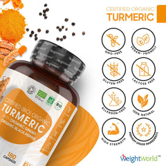 WeightWorld Organic Turmeric and Black Pepper Capsules 1520mg - with Ginger & Active Curcumin - 180 Vegan Turmeric Capsules High Strength - Soil Association Certified Turmeric Supplement