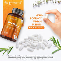WeightWorld Vitamin C 1000mg – 180 High Strength Vitamin C Tablets with Rosehip & Bioflavonoids - Vegan Vitamin C Supplement (As Ascorbic Acid) for Immune System – Energy Tablets for Men & Women
