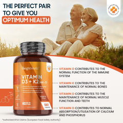 WeightWorld Vitamin D3 K2 MK7-6 Months Supply (180 VIT D3 & K2 Tablets) - Vegetarian Vitamin D 4000IU & 100ug K2- High Strength Vitamin D Supplement for Women & Men - D3 and K2 Vitamin for Bone & Immune System