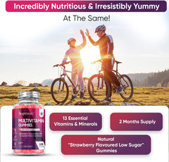 WeightWorld Multivitamin Gummies for Women & Men - 2 Months Supply - 13 Multivitamins & Minerals - 120 Vitamin Gummies - With Vitamin C, A, D, B, Biotin & Zinc - Strawberry Flavoured Chewable Multivitamins Adults