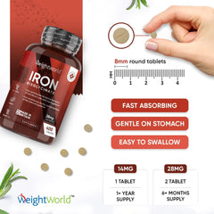 WeightWorld Gentle Iron Tablets High Strength 28mg - 400 Vegan Iron Bisglycinate Tablets (6+ Months Supply) - High Absorption Iron Supplements for Women and Men - Energy Tablets for Tiredness