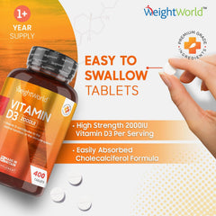 WeightWorld Vitamin D3 2000 IU - 400 Tablets (Over A Year Supply) Natural Vitamin D Tablets, Vitamin D Contributes to Normal Immune System & Blood Calcium Levels (EFSA), Vegetarian - Easy to Take Micro Tablets