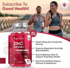 WeightWorld Zinc Gummies 50mg Per 2 Gummy – 90 Vegan Zinc Citrate Gummies - Natural Raspberry Flavour –Alternative to Bitter Zinc Tablets - Immunity, Skin & Hair Gummies - Zinc Supplement for Men and Women