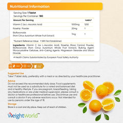 WeightWorld Vitamin C 1000mg – 180 High Strength Vitamin C Tablets with Rosehip & Bioflavonoids - Vegan Vitamin C Supplement (As Ascorbic Acid) for Immune System – Energy Tablets for Men & Women