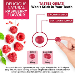 WeightWorld Zinc Gummies 50mg Per 2 Gummy – 90 Vegan Zinc Citrate Gummies - Natural Raspberry Flavour –Alternative to Bitter Zinc Tablets - Immunity, Skin & Hair Gummies - Zinc Supplement for Men and Women