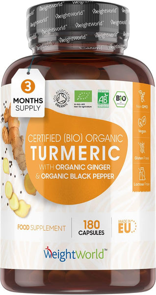 WeightWorld Organic Turmeric and Black Pepper Capsules 1520mg - with Ginger & Active Curcumin - 180 Vegan Turmeric Capsules High Strength - Soil Association Certified Turmeric Supplement