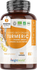 WeightWorld Organic Turmeric and Black Pepper Capsules 1520mg - with Ginger & Active Curcumin - 180 Vegan Turmeric Capsules High Strength - Soil Association Certified Turmeric Supplement