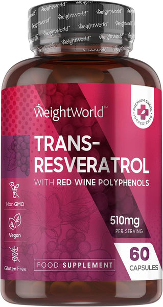WeightWorld Resveratrol Supplements 510mg - 60 Capsules -Trans Resveratrol (from Knotweed) Skin Supplements - Black Pepper Extract & Red Wine Polyphenol from Grape Skin Extract - Vegan Resveratrol Powder Capsule