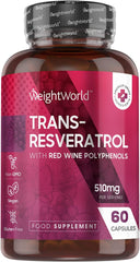 WeightWorld Resveratrol Supplements 510mg - 60 Capsules -Trans Resveratrol (from Knotweed) Skin Supplements - Black Pepper Extract & Red Wine Polyphenol from Grape Skin Extract - Vegan Resveratrol Powder Capsule