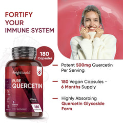 WeightWorld Pure Quercetin Capsules - 6 Months Supply (180 Vegan Quercetin Powder Capsules) - High Strength Quercetin Supplement - Offers Better Absorption & Effectiveness - Natural Immunity Supplement